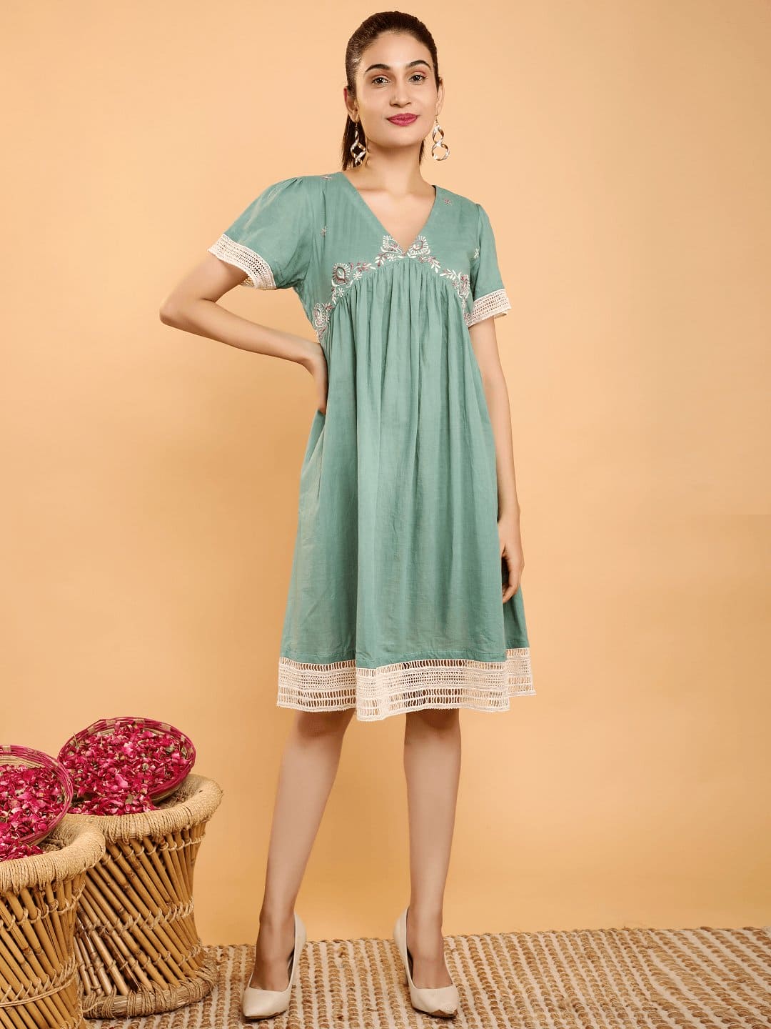Khadi Chikankari Boho Dress - Turquoise - Charkha TalesKhadi Chikankari Boho Dress - Turquoise