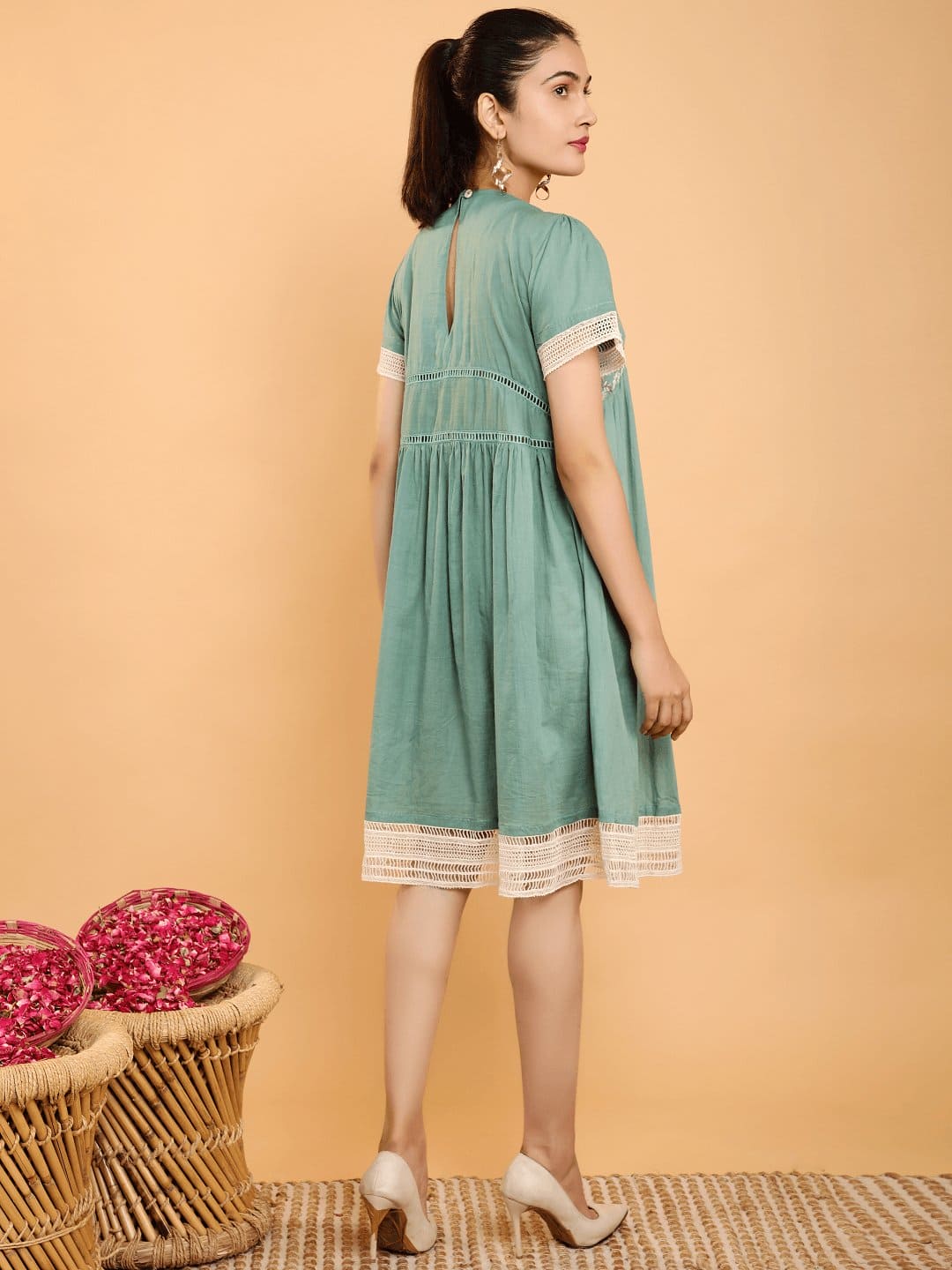 Khadi Chikankari Boho Dress - Turquoise - Charkha TalesKhadi Chikankari Boho Dress - Turquoise