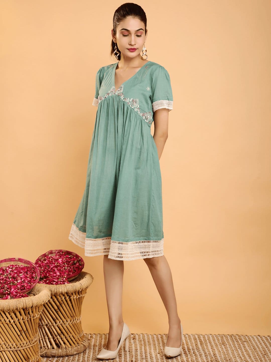 Khadi Chikankari Boho Dress - Turquoise - Charkha TalesKhadi Chikankari Boho Dress - Turquoise