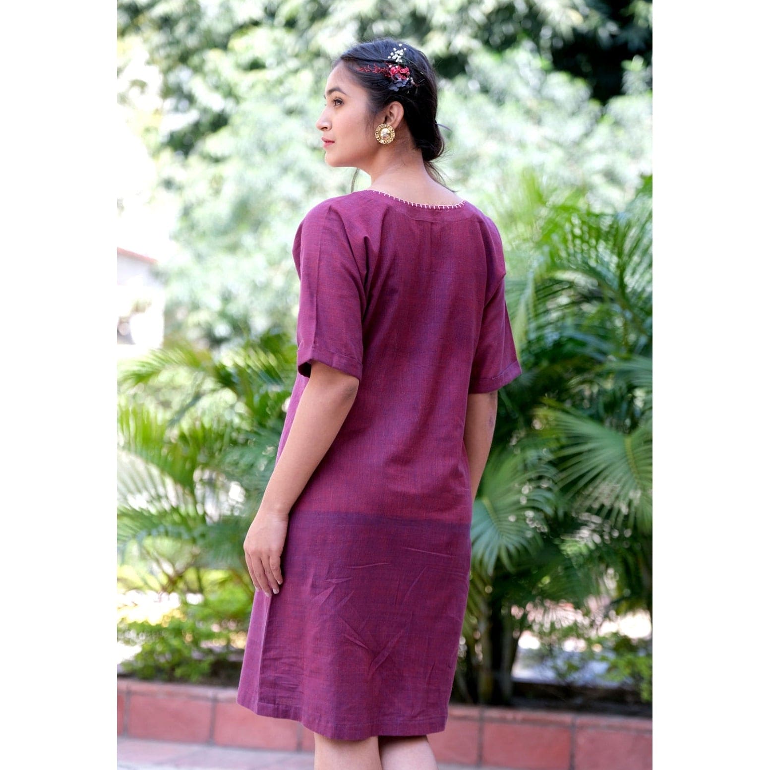 Khadi Chikankari Cotton Dress - Wine - Charkha TalesKhadi Chikankari Cotton Dress - Wine