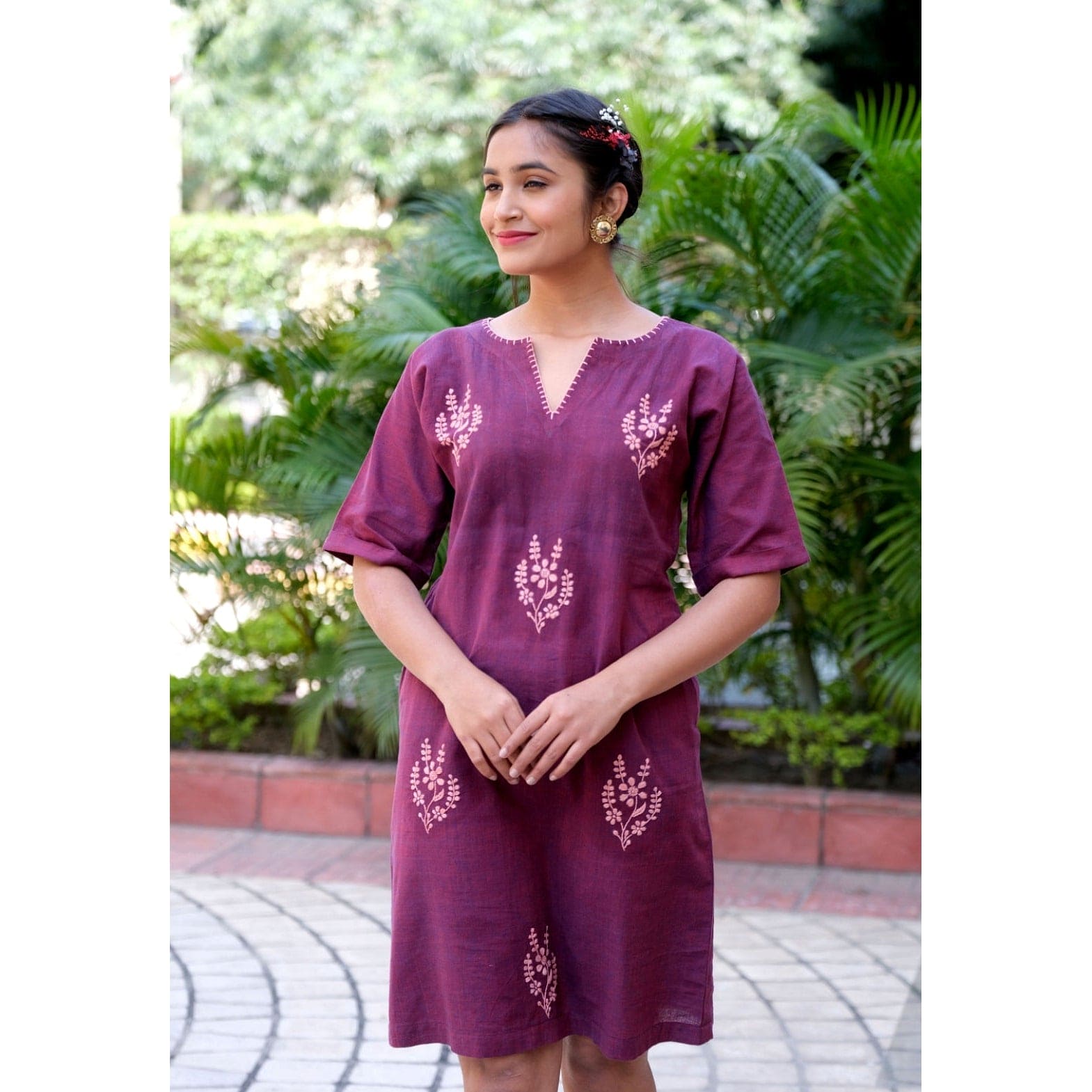 Khadi Chikankari Cotton Dress - Wine - Charkha TalesKhadi Chikankari Cotton Dress - Wine