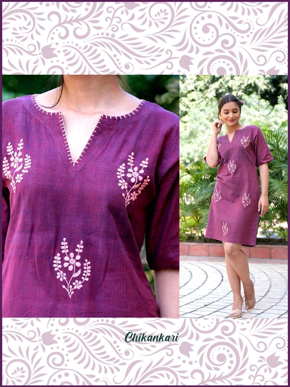 Khadi Chikankari Cotton Dress - Wine - Charkha TalesKhadi Chikankari Cotton Dress - Wine