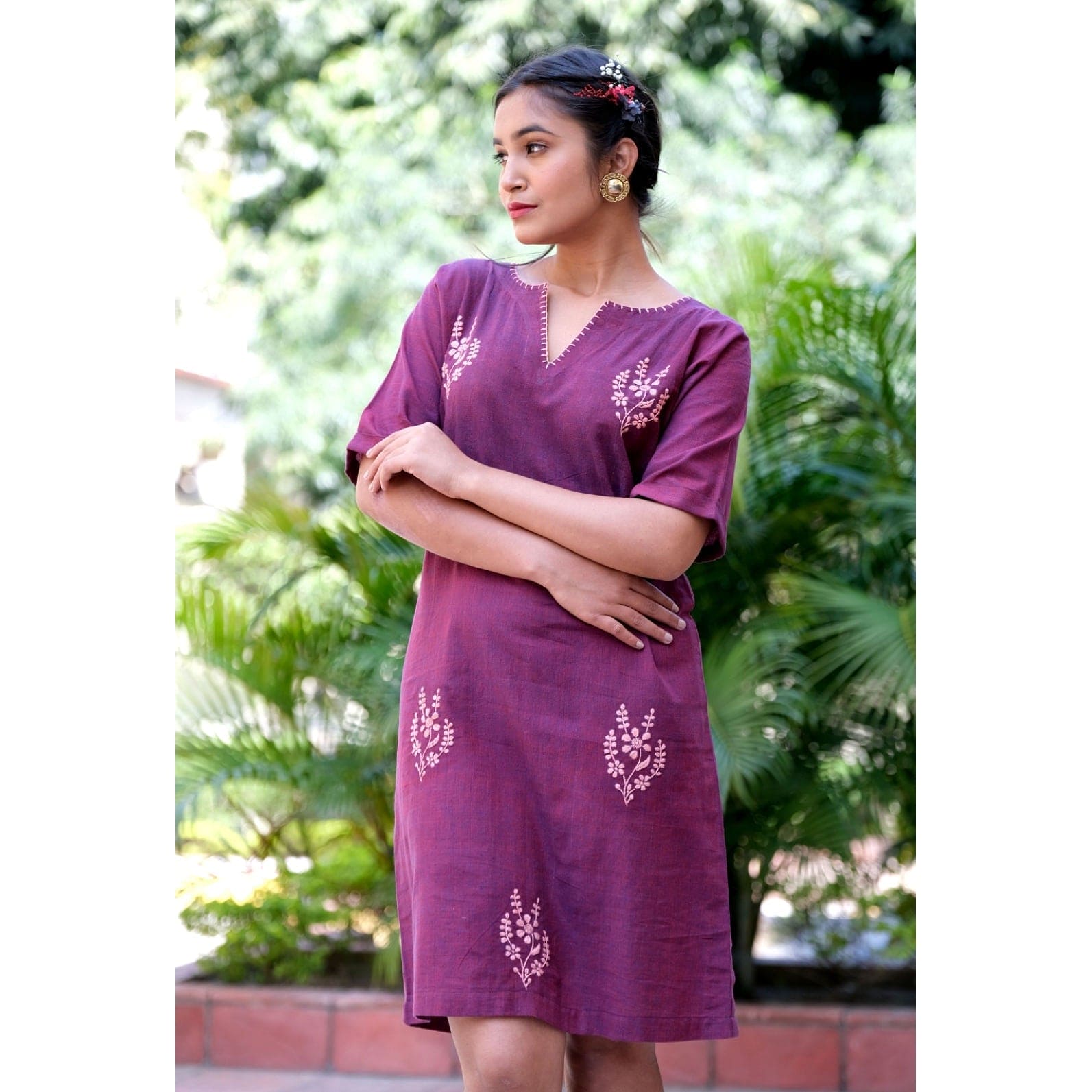 Khadi Chikankari Cotton Dress - Wine - Charkha TalesKhadi Chikankari Cotton Dress - Wine