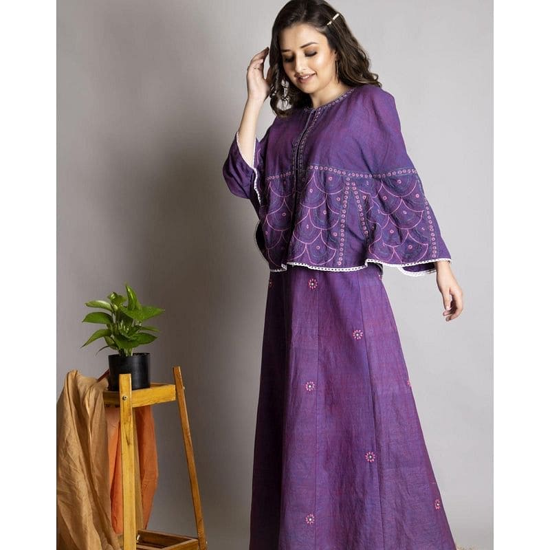 Khadi Chikankari Top Set - Purple - Charkha TalesKhadi Chikankari Top Set - Purple