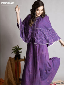 Khadi Chikankari Top Set - Purple
