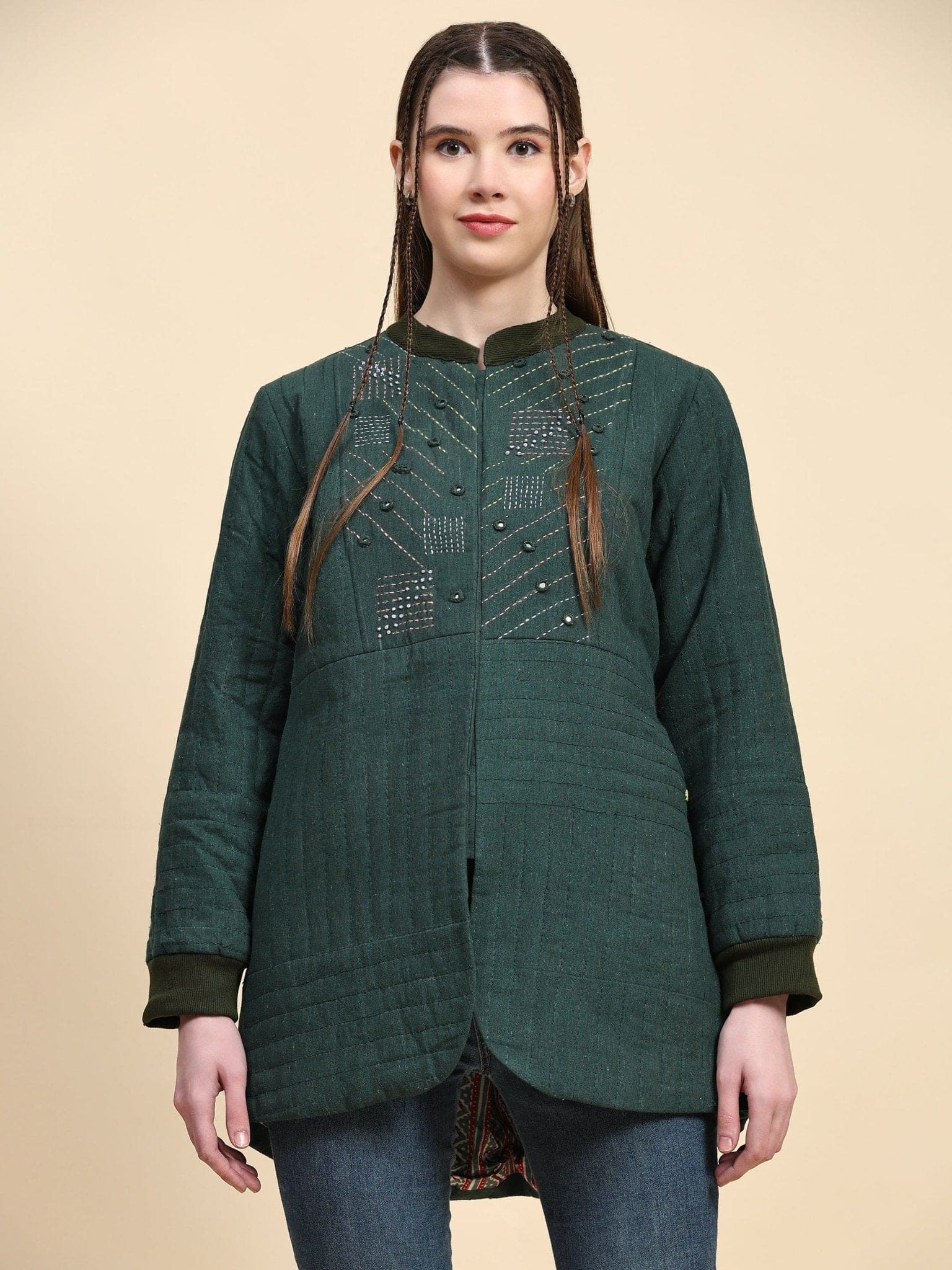 Khadi Cotton Jacket - Emerald Green - Charkha TalesKhadi Cotton Jacket - Emerald Green