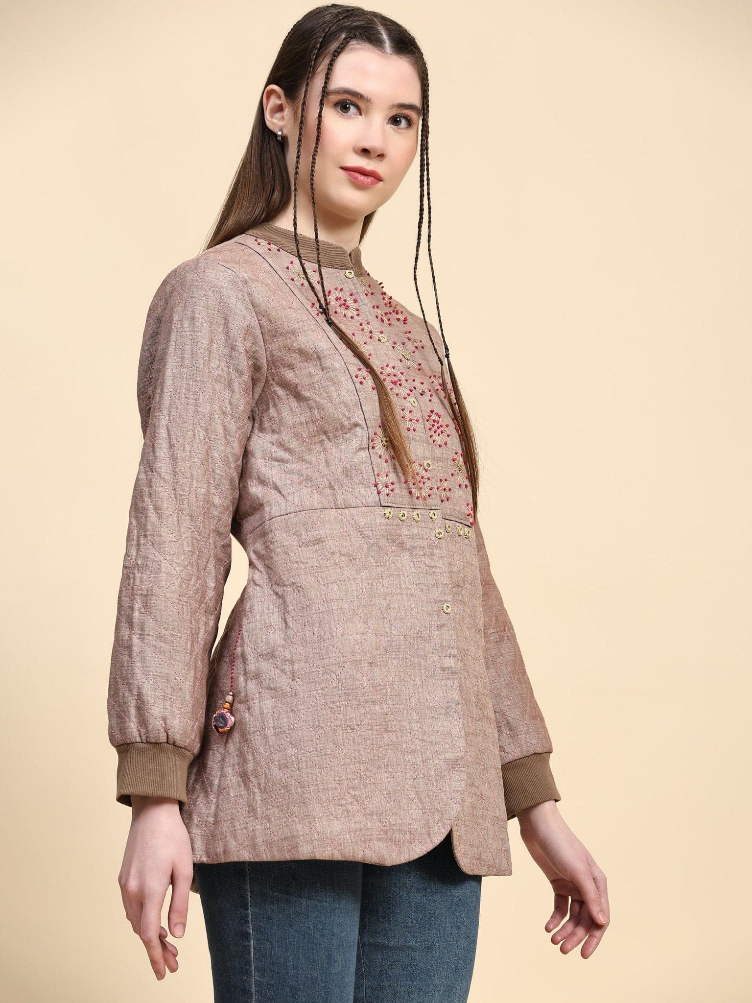 Khadi Cotton Kantha Jacket - Beige - Charkha TalesKhadi Cotton Kantha Jacket - Beige