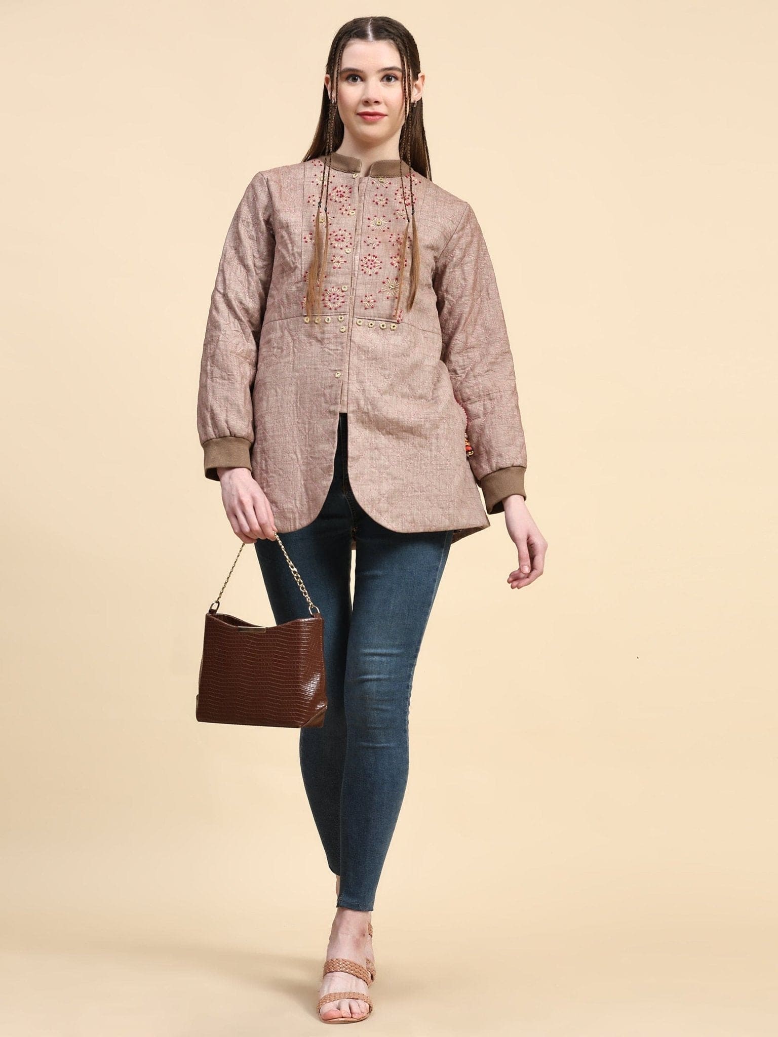 Khadi Cotton Kantha Jacket - Beige - Charkha TalesKhadi Cotton Kantha Jacket - Beige