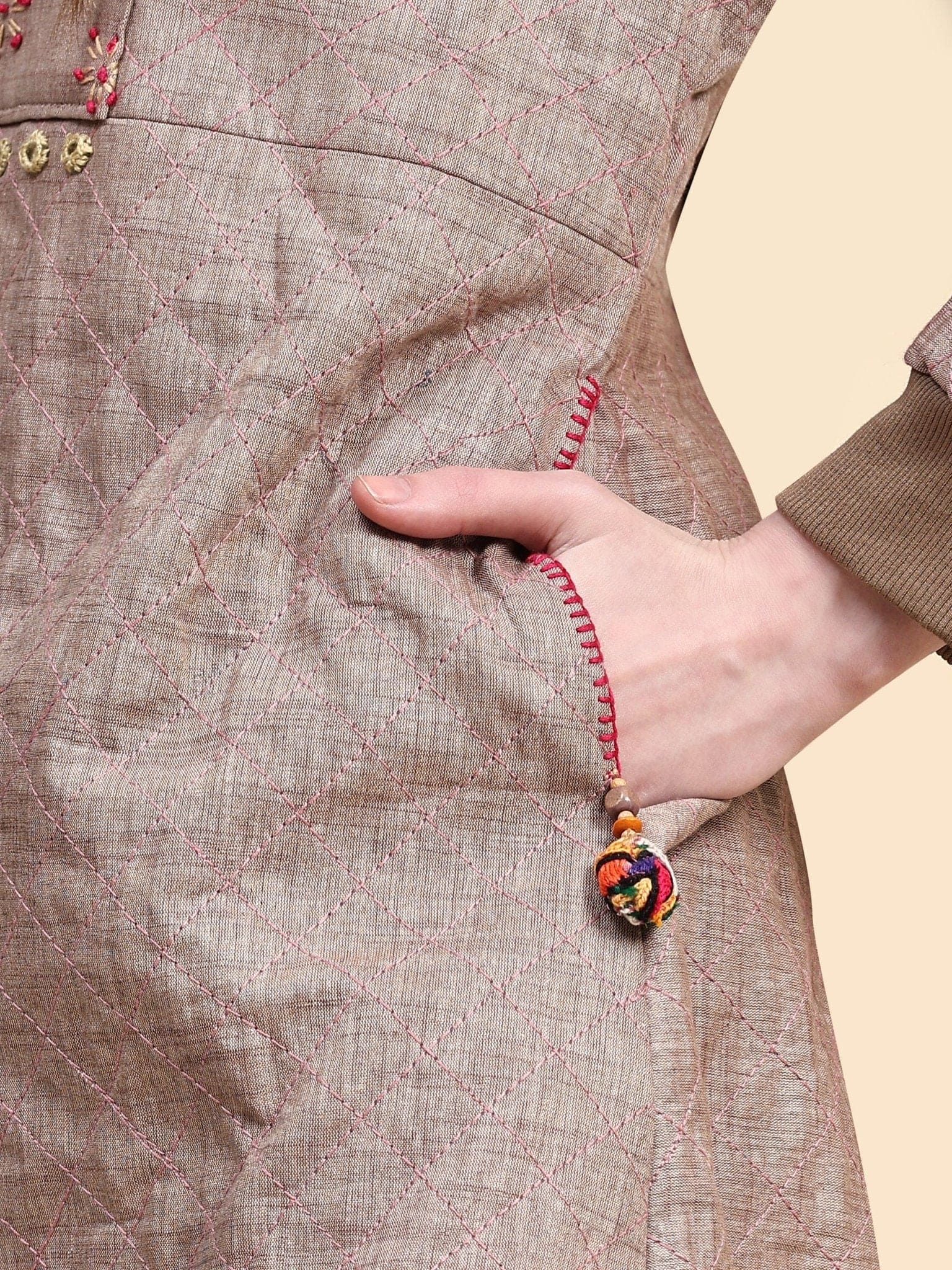 Khadi Cotton Kantha Jacket - Beige - Charkha TalesKhadi Cotton Kantha Jacket - Beige