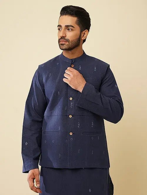 Khadi Cotton Kurta with Jacket (Set of 2) - Blue - Charkha TalesKhadi Cotton Kurta with Jacket (Set of 2) - Blue
