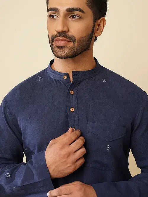 Khadi Cotton Kurta with Jacket (Set of 2) - Blue - Charkha TalesKhadi Cotton Kurta with Jacket (Set of 2) - Blue