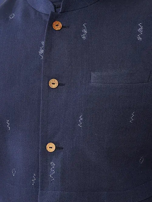 Khadi Cotton Kurta with Jacket (Set of 2) - Blue - Charkha TalesKhadi Cotton Kurta with Jacket (Set of 2) - Blue