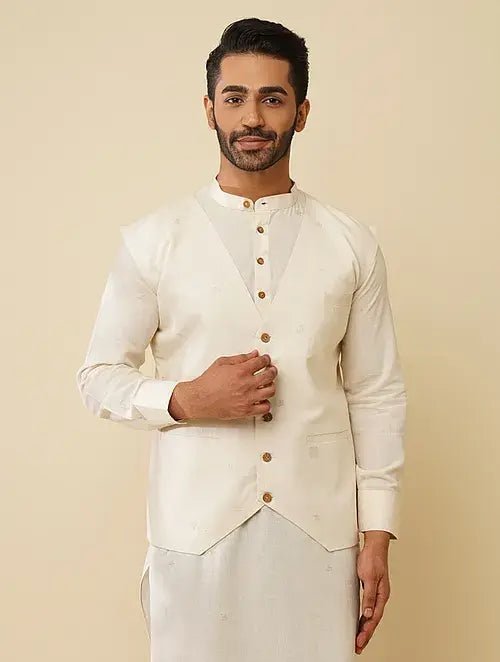 Khadi Cotton Kurta with Jacket (Set of 2) - Off White - Charkha TalesKhadi Cotton Kurta with Jacket (Set of 2) - Off White