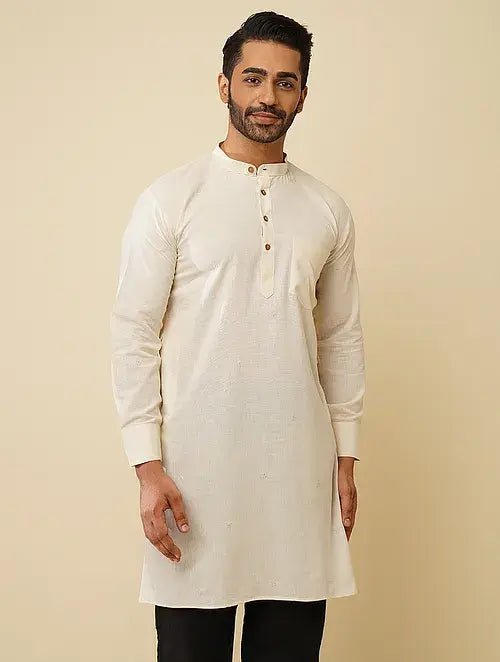 Khadi Cotton Kurta with Jacket (Set of 2) - Off White - Charkha TalesKhadi Cotton Kurta with Jacket (Set of 2) - Off White