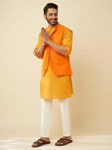 Khadi Cotton Kurta with Jacket (Set of 2) - Yellow