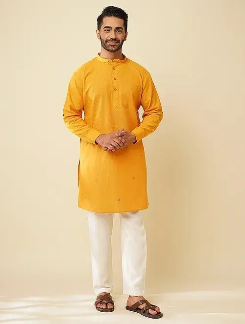 Khadi Cotton Kurta with Jacket (Set of 2) - Yellow - Charkha TalesKhadi Cotton Kurta with Jacket (Set of 2) - Yellow