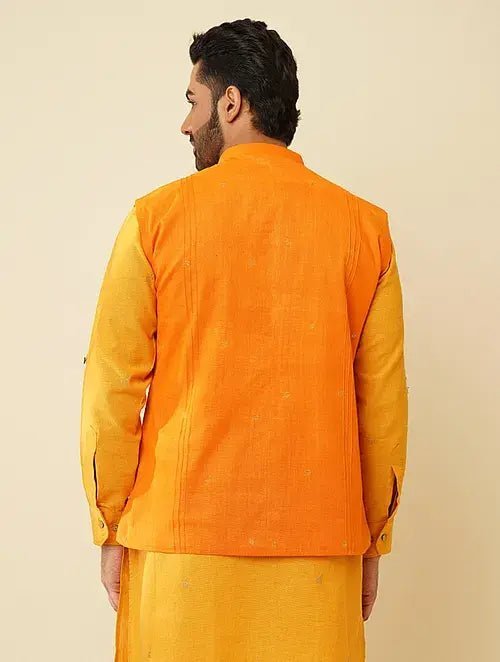 Khadi Cotton Kurta with Jacket (Set of 2) - Yellow - Charkha TalesKhadi Cotton Kurta with Jacket (Set of 2) - Yellow