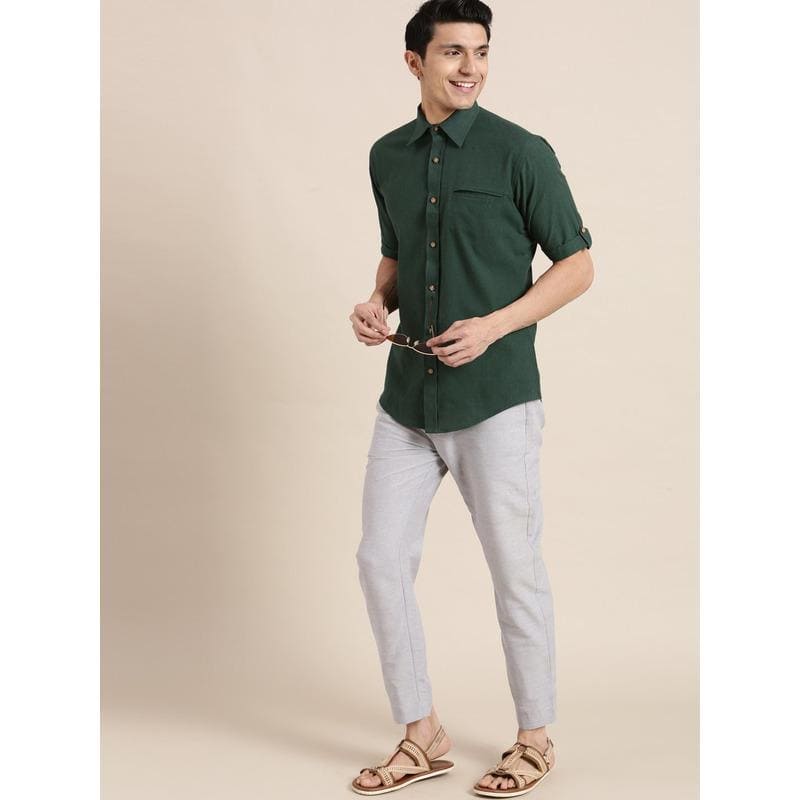 Khadi Cotton Men Shirt - Galore Green - Charkha TalesKhadi Cotton Men Shirt - Galore Green