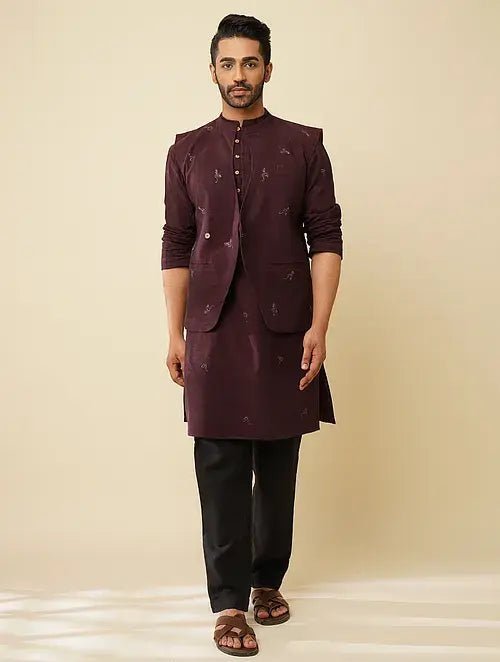 Khadi Cotton Nehru Jacket - Wine - Charkha TalesKhadi Cotton Nehru Jacket - Wine