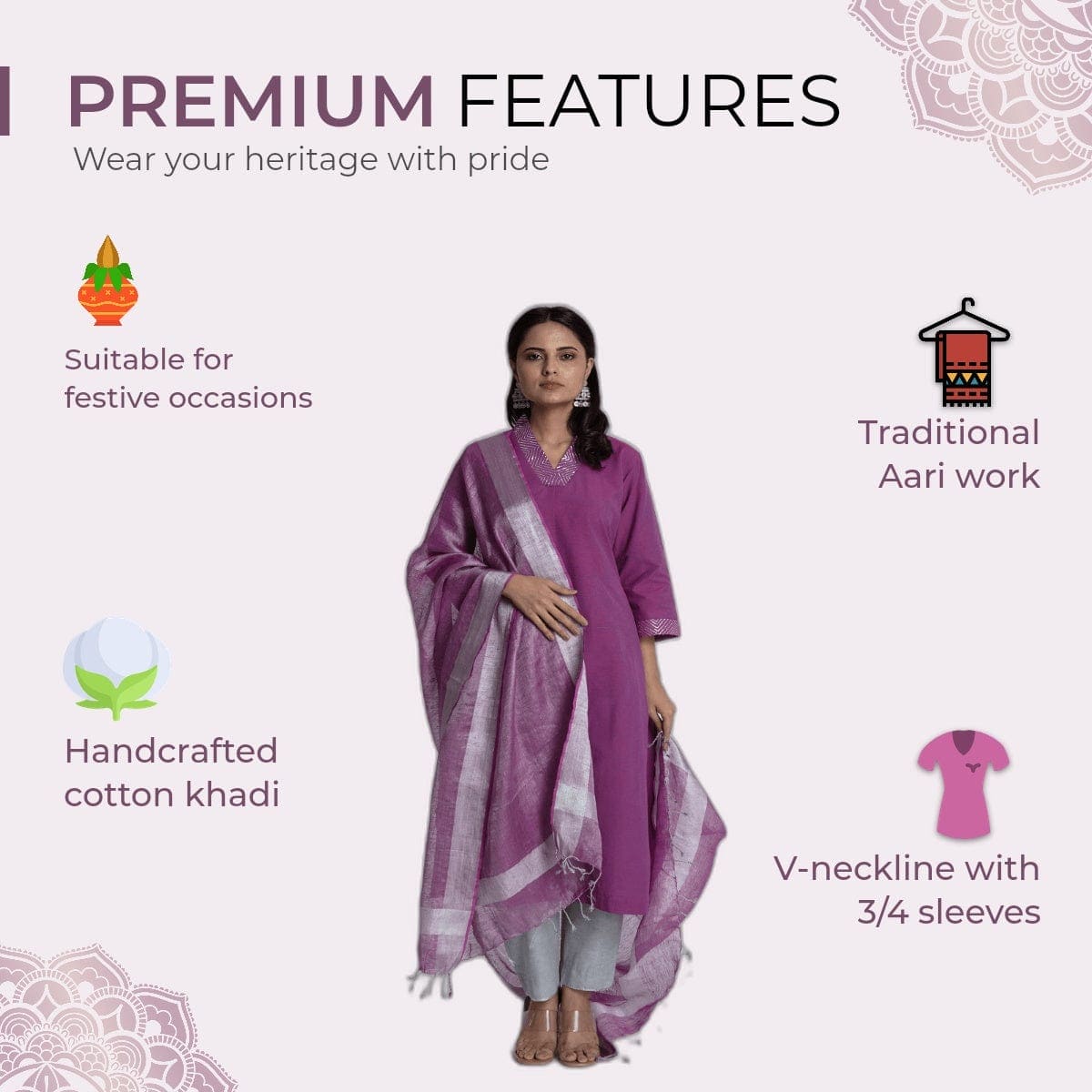 Khadi Dabka Work Kurta Set - Purple - Charkha TalesKhadi Dabka Work Kurta Set - Purple