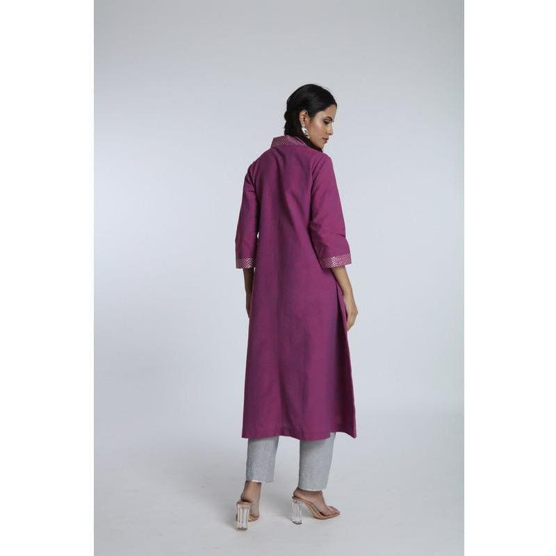Khadi Dabka Work Kurta Set - Purple - Charkha TalesKhadi Dabka Work Kurta Set - Purple