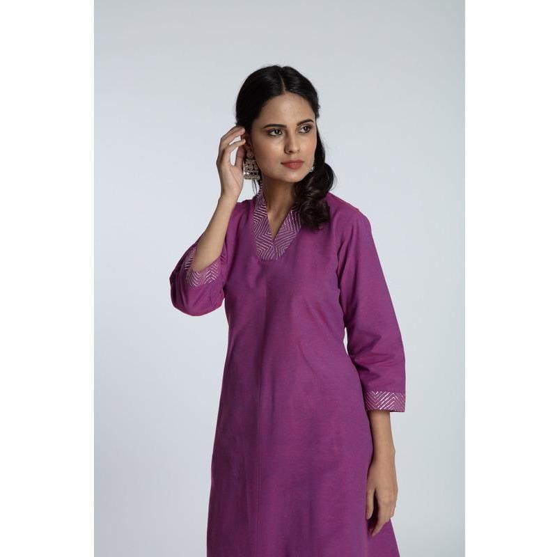 Khadi Dabka Work Kurta Set - Purple - Charkha TalesKhadi Dabka Work Kurta Set - Purple