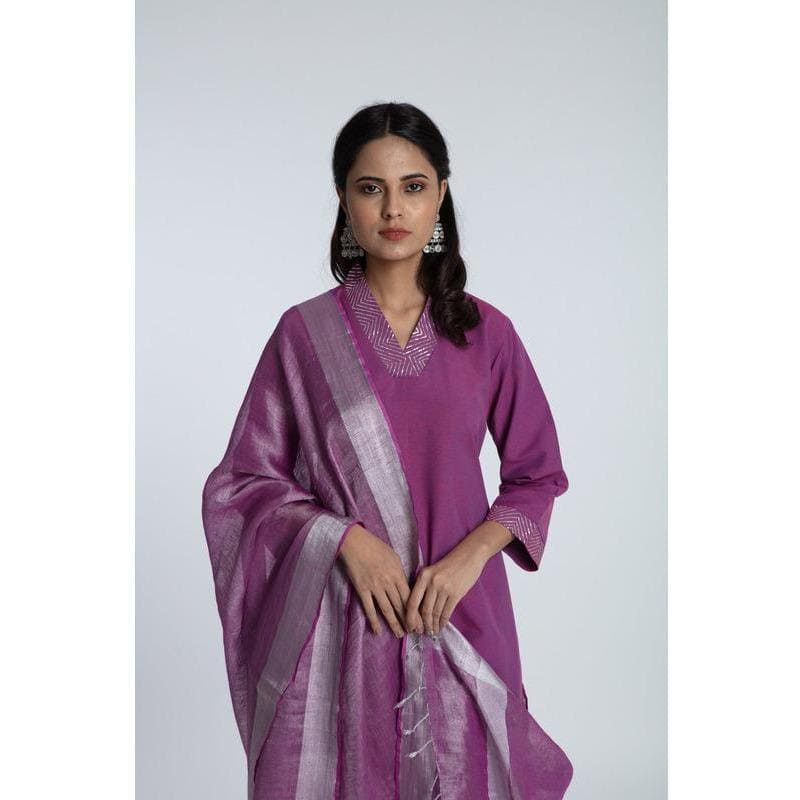 Khadi Dabka Work Kurta Set - Purple - Charkha TalesKhadi Dabka Work Kurta Set - Purple