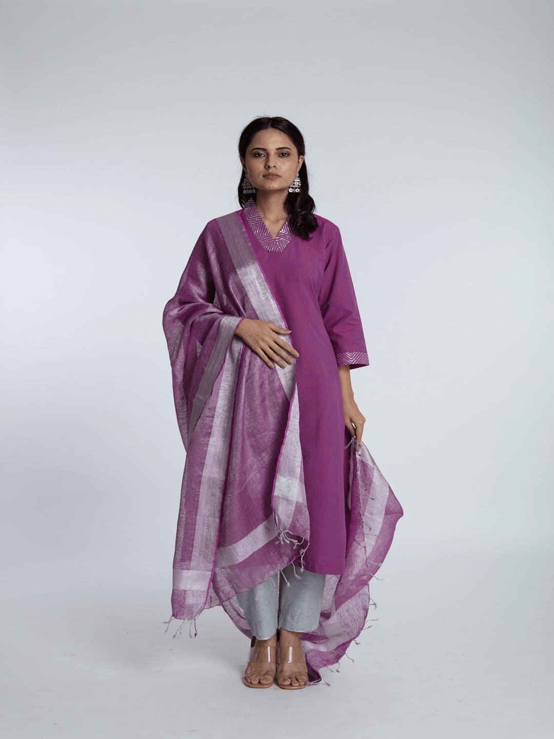 Khadi Dabka Work Kurta Set - Purple - Charkha TalesKhadi Dabka Work Kurta Set - Purple