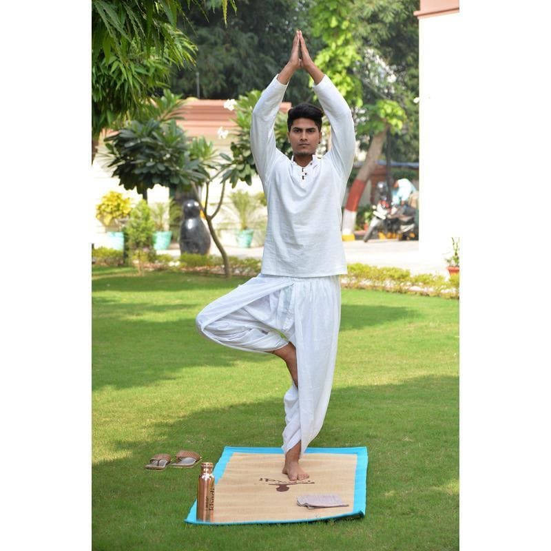 Khadi Dyan Motif Yoga Kurta Set - Off - White - Charkha TalesKhadi Dyan Motif Yoga Kurta Set - Off - White