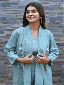 Khadi Embroidered Jumpsuit With Shrug - Turquoise