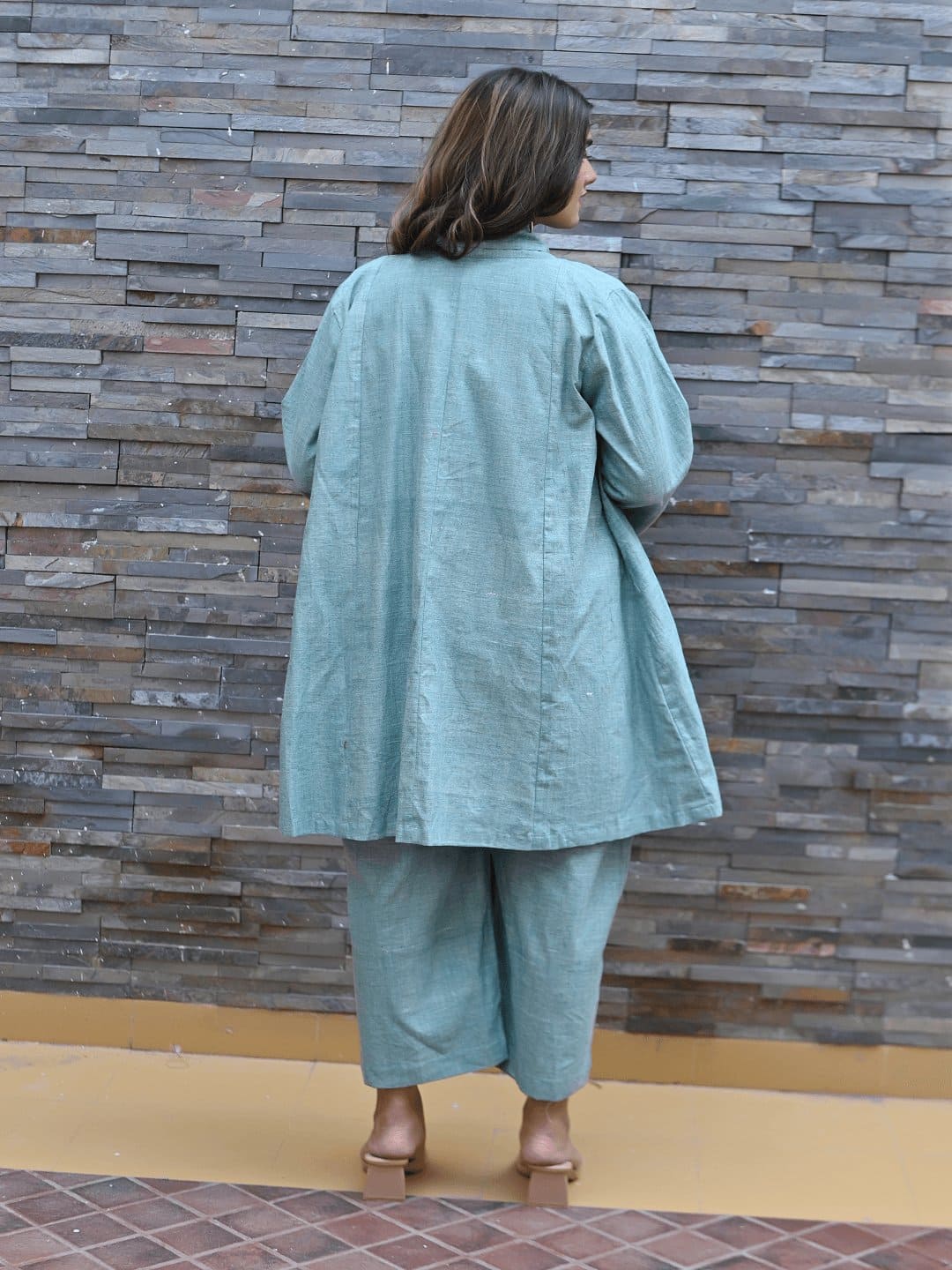 Khadi Embroidered Jumpsuit With Shrug - Turquoise - Charkha TalesKhadi Embroidered Jumpsuit With Shrug - Turquoise
