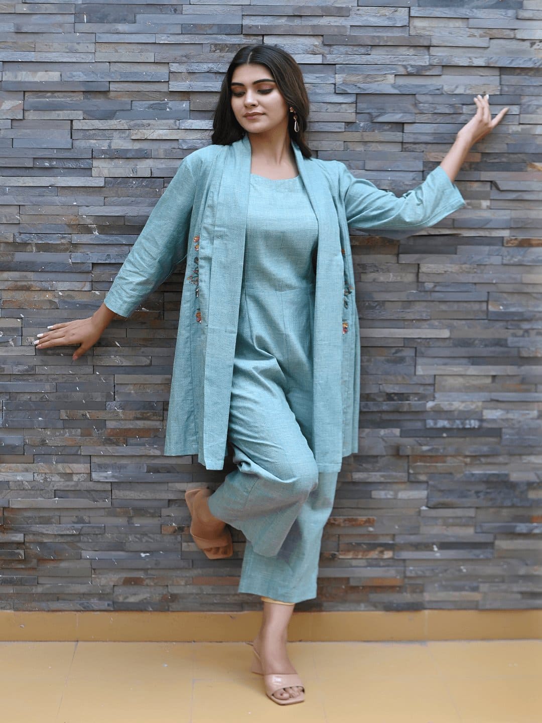 Khadi Embroidered Jumpsuit With Shrug - Turquoise - Charkha TalesKhadi Embroidered Jumpsuit With Shrug - Turquoise