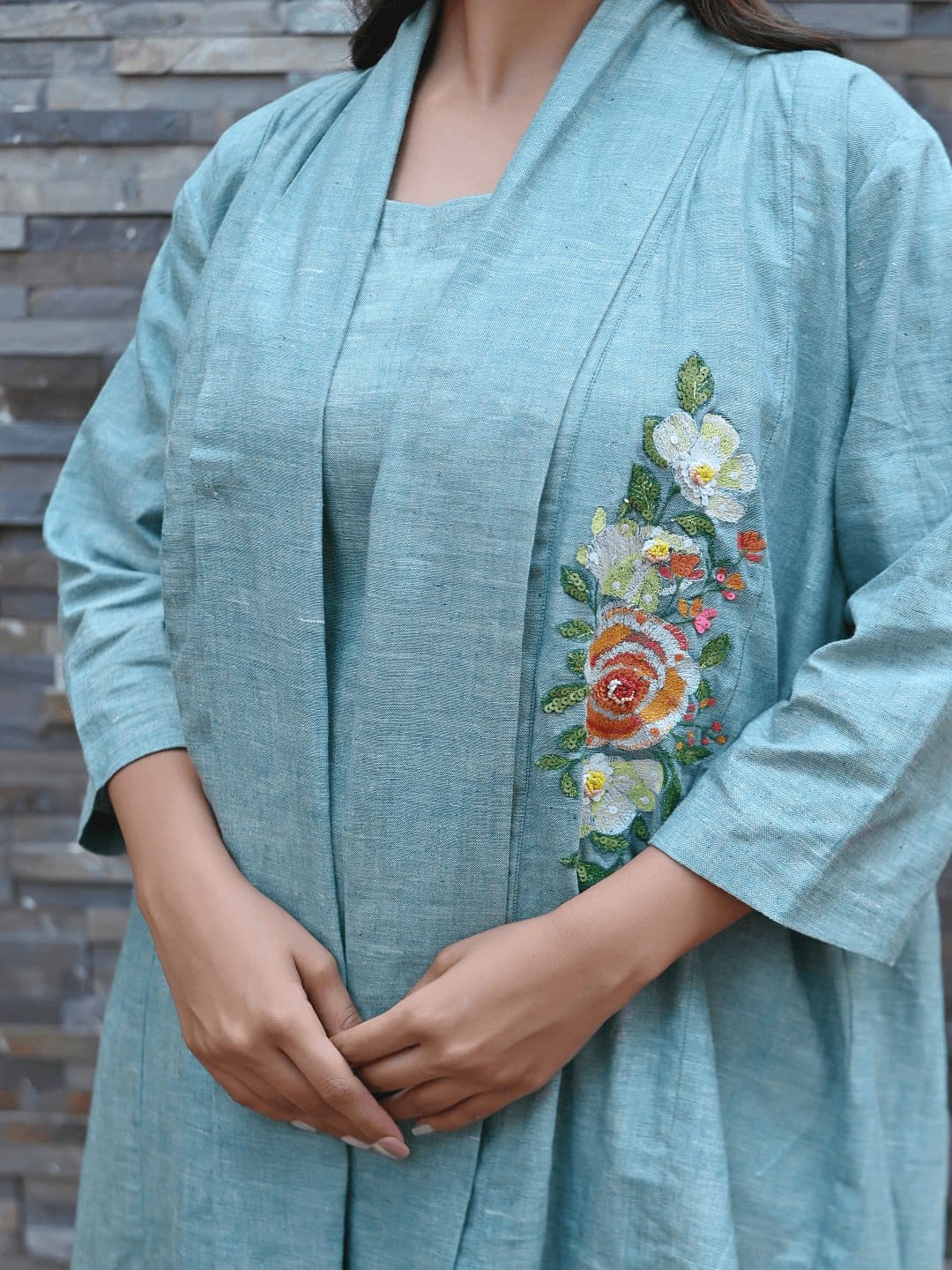 Khadi Embroidered Jumpsuit With Shrug - Turquoise - Charkha TalesKhadi Embroidered Jumpsuit With Shrug - Turquoise