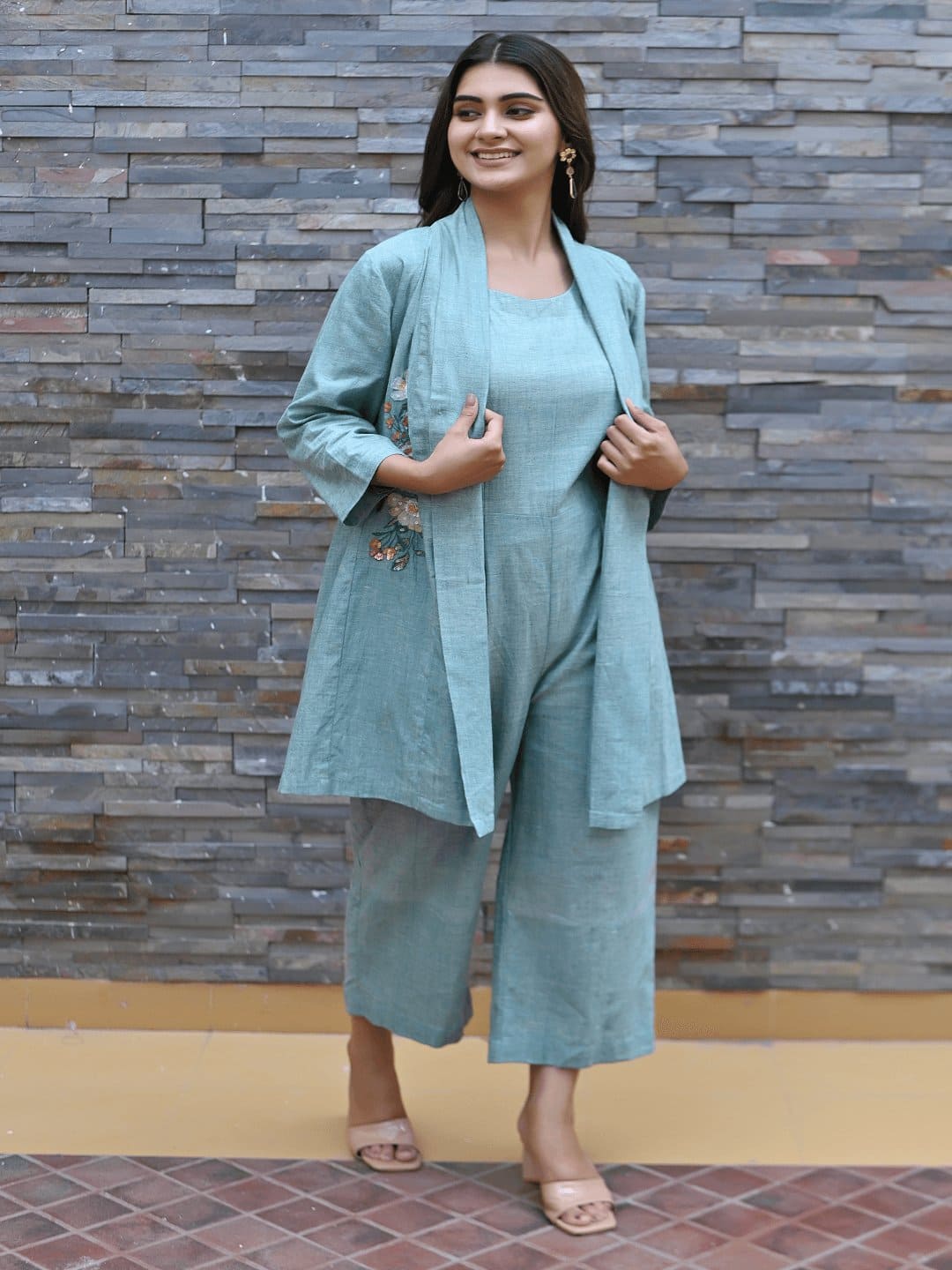 Khadi Embroidered Jumpsuit With Shrug - Turquoise - Charkha TalesKhadi Embroidered Jumpsuit With Shrug - Turquoise