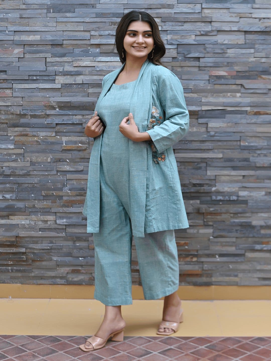 Khadi Embroidered Jumpsuit With Shrug - Turquoise - Charkha TalesKhadi Embroidered Jumpsuit With Shrug - Turquoise