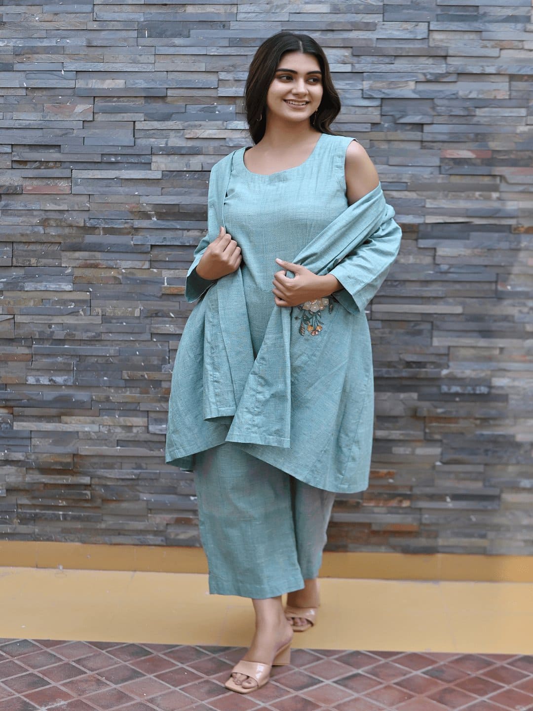 Khadi Embroidered Jumpsuit With Shrug - Turquoise - Charkha TalesKhadi Embroidered Jumpsuit With Shrug - Turquoise