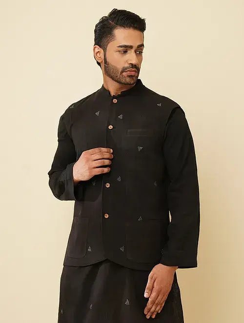 Khadi Kantha Jacket & Kurta Set - Black - Charkha TalesKhadi Kantha Jacket & Kurta Set - Black