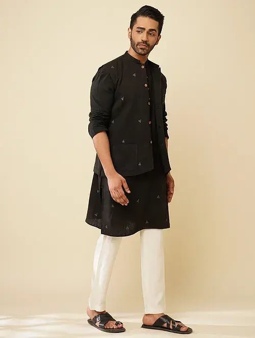 Khadi Kantha Jacket & Kurta Set - Black - Charkha TalesKhadi Kantha Jacket & Kurta Set - Black