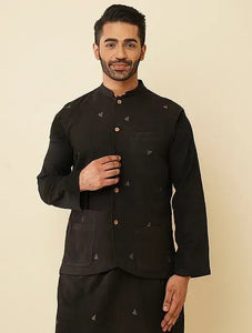 Khadi Kantha Jacket & Kurta Set  - Black