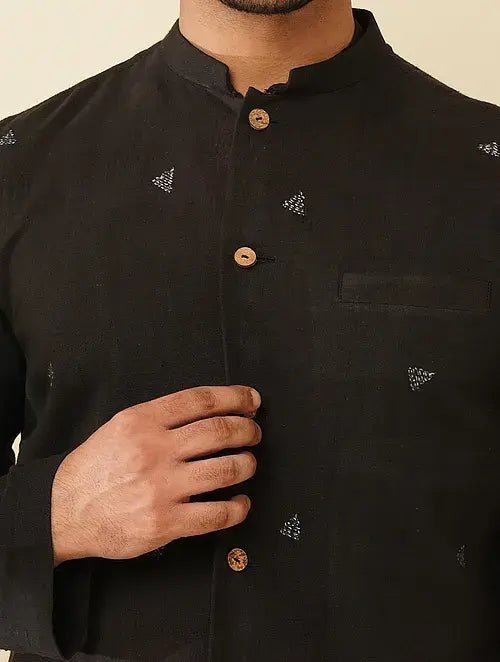 Khadi Kantha Jacket & Kurta Set - Black - Charkha TalesKhadi Kantha Jacket & Kurta Set - Black