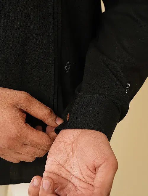 Khadi Kantha Mandarin Shirt - Black - Charkha TalesKhadi Kantha Mandarin Shirt - Black