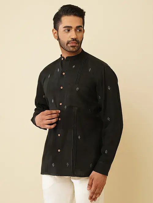 Khadi Kantha Mandarin Shirt - Black - Charkha TalesKhadi Kantha Mandarin Shirt - Black