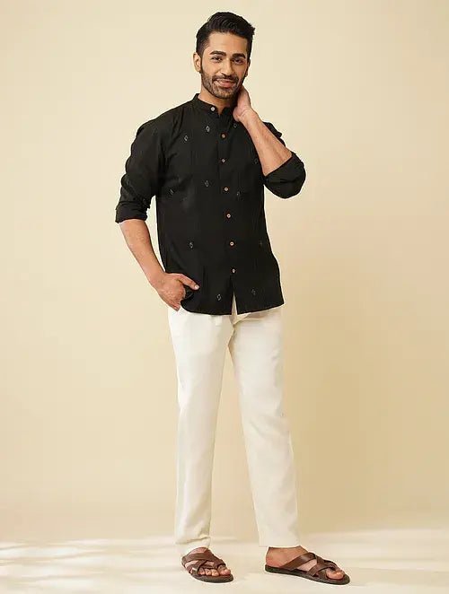 Khadi Kantha Mandarin Shirt - Black - Charkha TalesKhadi Kantha Mandarin Shirt - Black