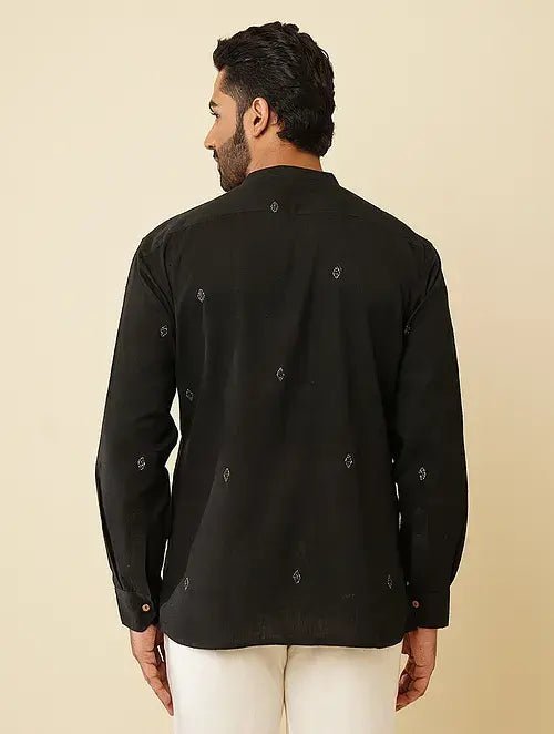 Khadi Kantha Mandarin Shirt - Black - Charkha TalesKhadi Kantha Mandarin Shirt - Black
