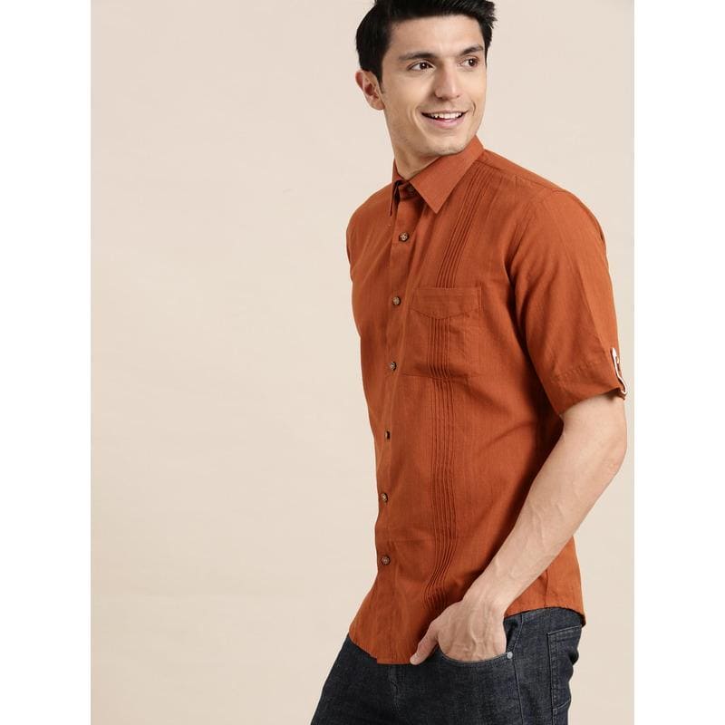 Khadi Men Half Sleeve Shirt - Brown - Charkha TalesKhadi Men Half Sleeve Shirt - Brown