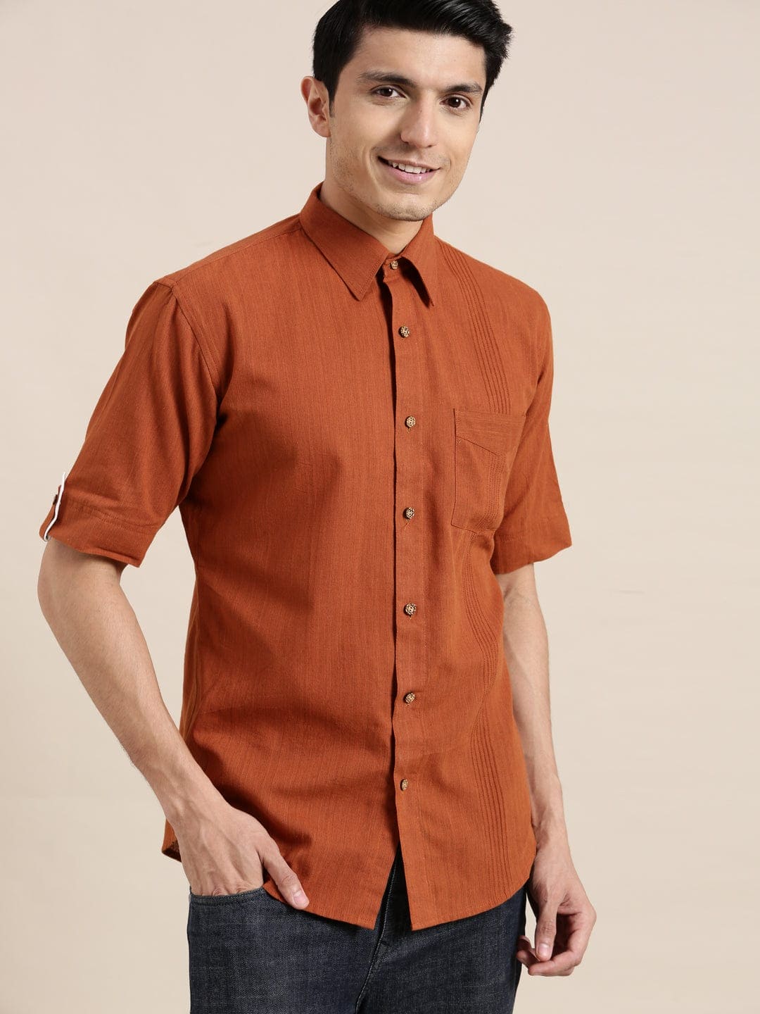 Khadi Men Half Sleeve Shirt - Brown - Charkha TalesKhadi Men Half Sleeve Shirt - Brown