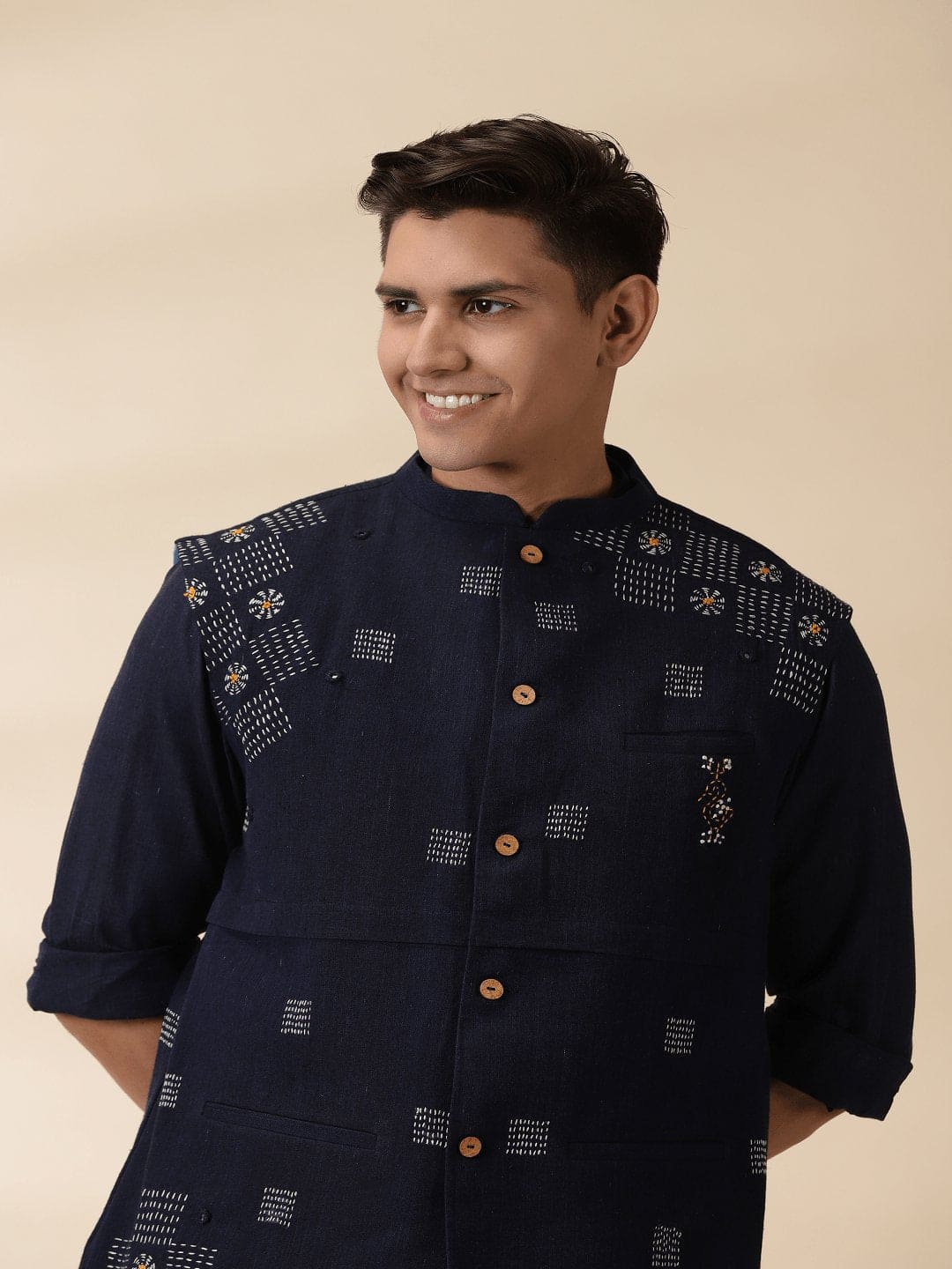 Khadi Men's Nehru Jacket & Kurta Set - Indigo - Charkha TalesKhadi Men's Nehru Jacket & Kurta Set - Indigo