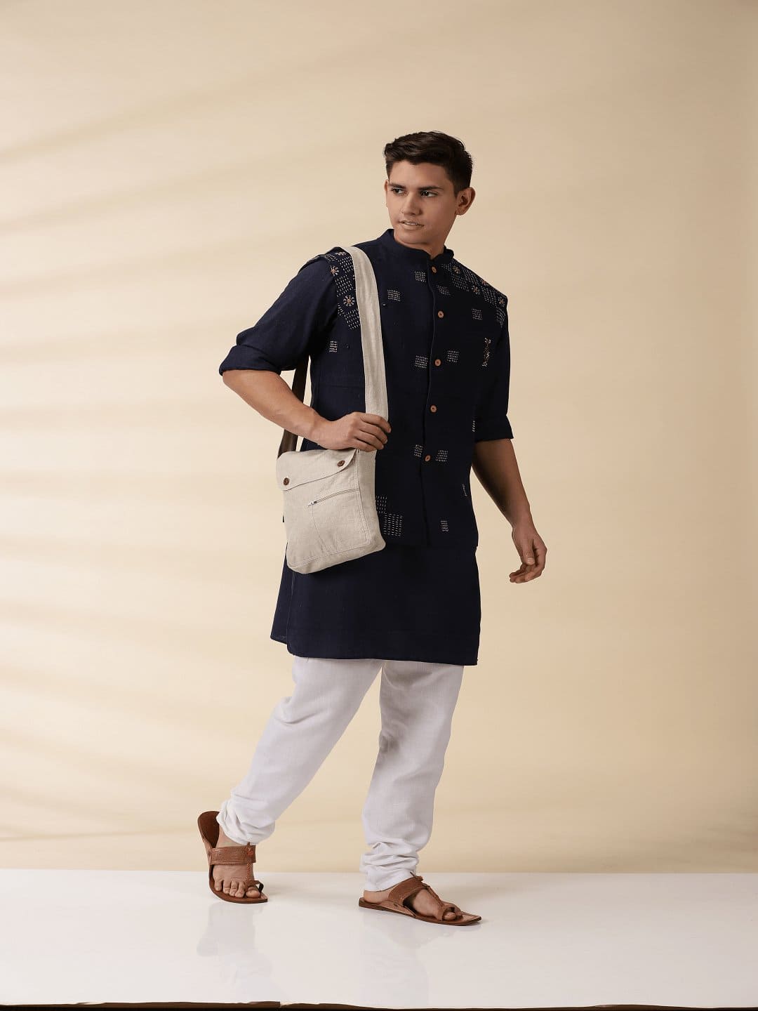 Khadi Men's Nehru Jacket & Kurta Set - Indigo - Charkha TalesKhadi Men's Nehru Jacket & Kurta Set - Indigo