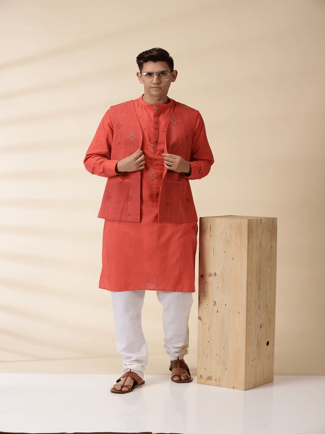Khadi Men's Nehru Jacket & Kurta Set - Orange - Charkha TalesKhadi Men's Nehru Jacket & Kurta Set - Orange