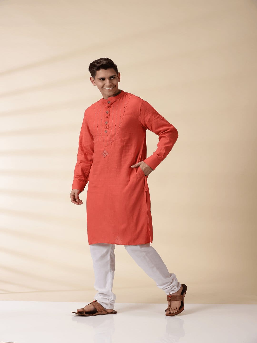 Khadi Men's Nehru Jacket & Kurta Set - Orange - Charkha TalesKhadi Men's Nehru Jacket & Kurta Set - Orange
